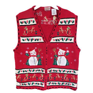 Bobbie Brooks Ugly Christmas Sweater Vest - Women's Large 12/14 Snowmen Red